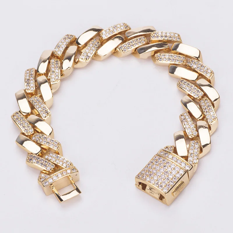 

New Hip Hop Micro Paved AAA Cubic Zirconia Bling Iced Out Square Cuban Miami Link Chain Bangle Bracelet for Men Rapper 14mm