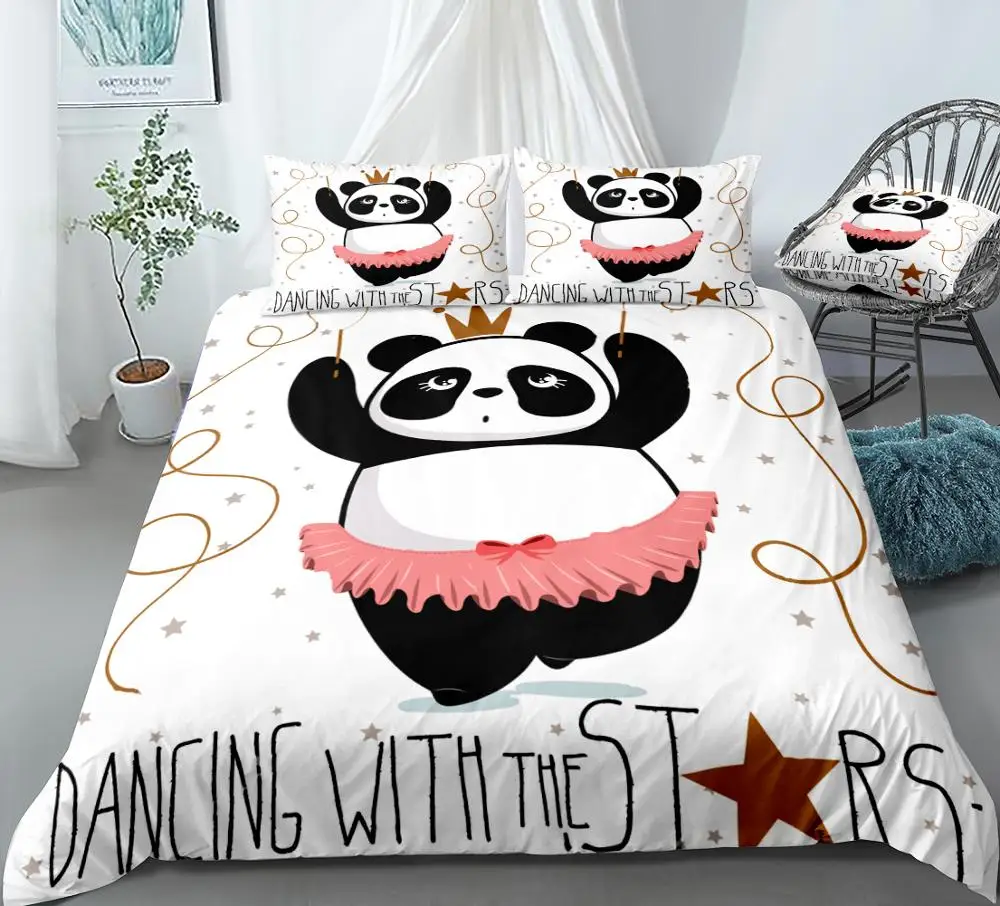 

3 Pieces Panda Duvet Cover Set Cartoon Animal Bedding Kids Boys Girls Bed Set White Black Panda Quilt Cover Star Dropship Queen