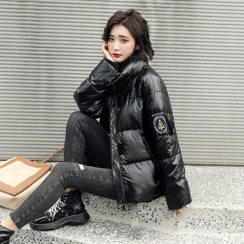 Glossy Cotton-Padded Coat Women Winter New Blue Korean Style Ins Loose Thick Warm  Fashion Stand Collar Cotton Coat Jacket Women