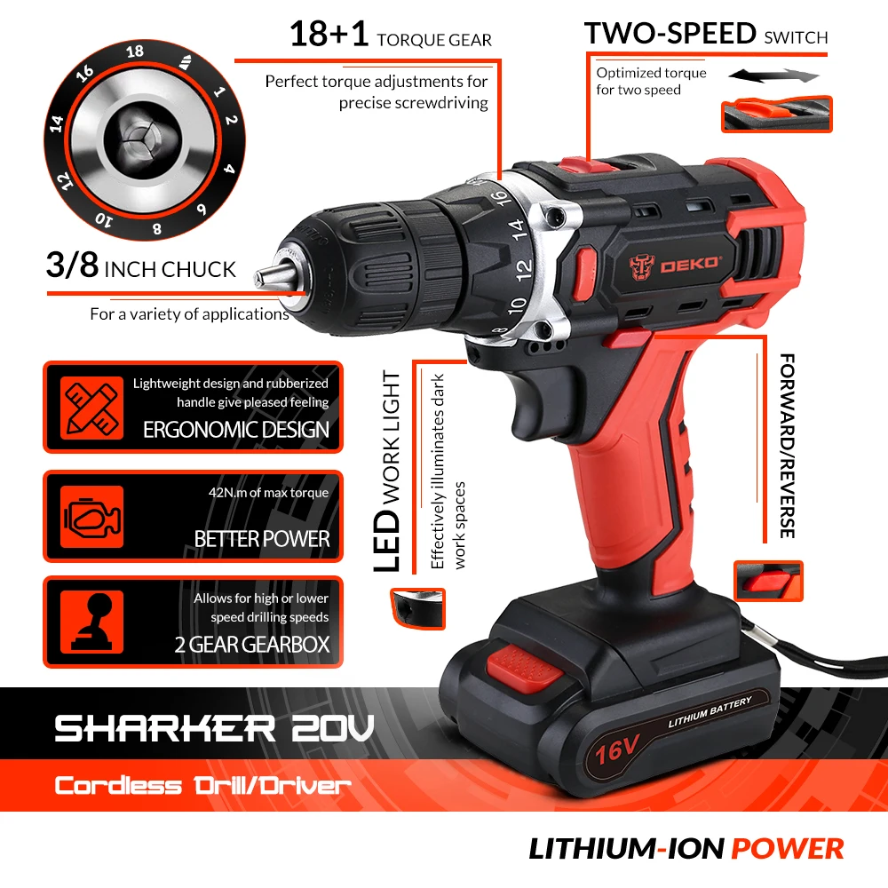 DEKO New Sharker 20 в Беспроводная сверлильная электрическая отвертка мини беспроводной драйвер питания литий-ионный аккумулятор постоянного тока 3/8 дюйма 2 скорости