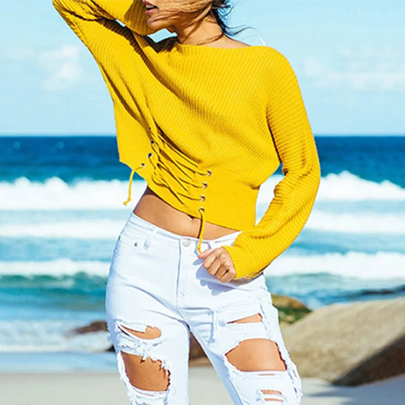 Conmoto Чёрный вязаный женский пуловер со шнуровкой свитер с длинными рукавами