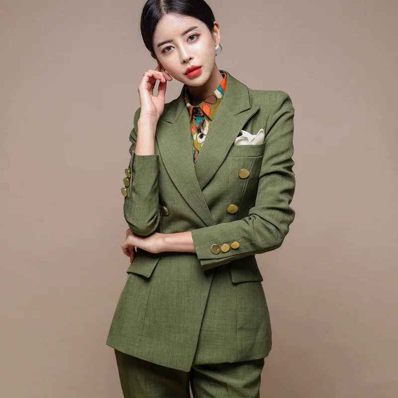 

Green Women Blazer Set Double-breasted Slim Jacket & Pencil Pant Women Pant Suit Ladies Work Suit Female 2 Piece Set Fashion