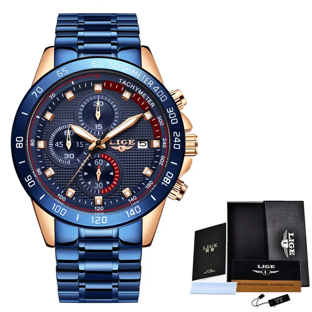Rose gold blue Relogio Masculino, новинка, мужские часы, люксовый бренд, LIGE, с хронографом, мужские спортивные часы, водонепроницаемые, полностью стальные, кварцевые, мужские часы - Цвет: Rose gold blue