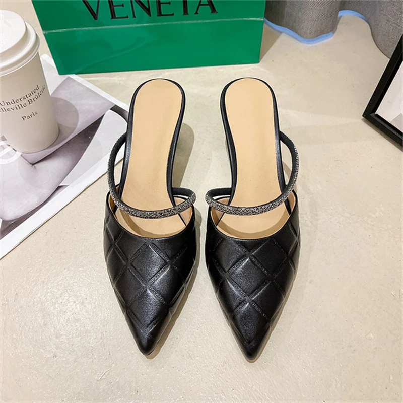 

Women's shoes and slippers 2021 summer new embossed top layer cowhide high-heeled rhinestone pointed toe sandals and slippers