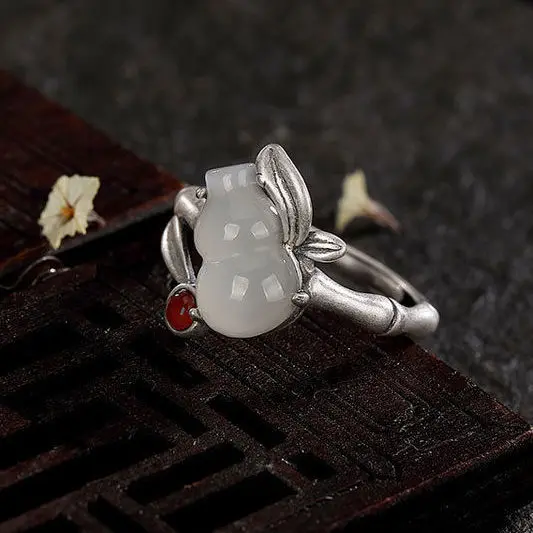 

S925 Sterling Silver Inlaid Hetian Jade White Jade Gourd Ring Female Open Ring Vintage White Jade Gourd Sterling Silver Ring