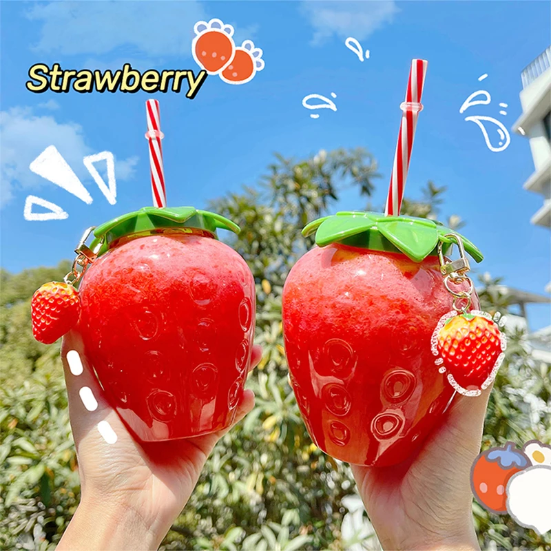 

Ins Cute Strawberry Cup With Straw Creative Clear Plastic Water Bottles For Kids Girl Student Portable Cold Drink Water Cups