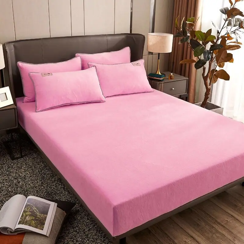 

2021 New Style Spring Flannel Fabric Solid Color Bed Mattress Set Soft And Warm Band Sheet Hot Sale(Pillowcases Optional )