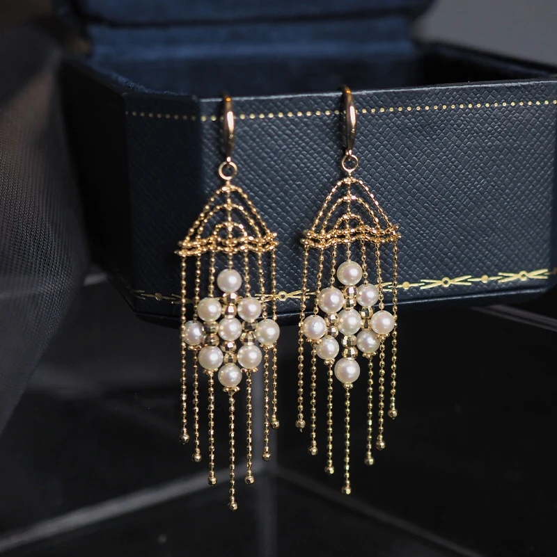 

18K Solid Yellow Real Gold Jewelry(AU750) Women Lace Vintage Palace Style Pearl Earrings Mid-Length Temperame Akoya Sea Pearl