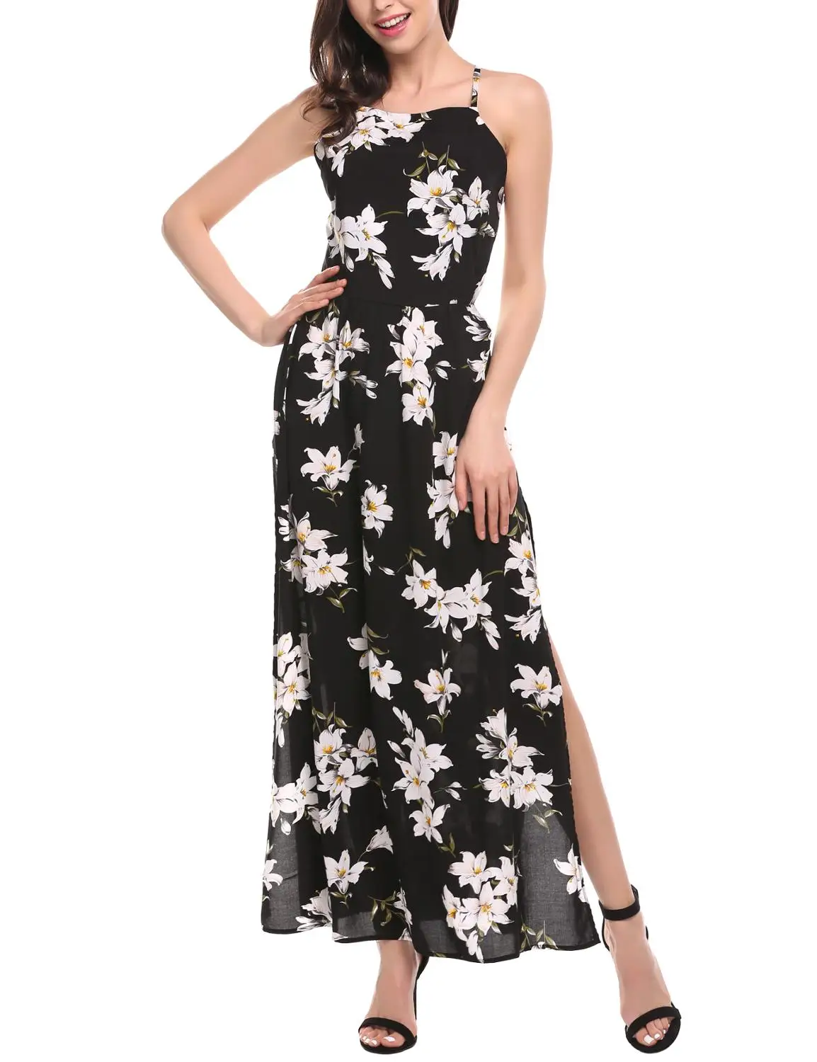 Платье пляжное женское платье с принтом в черный и белый горошек лямкой на шее