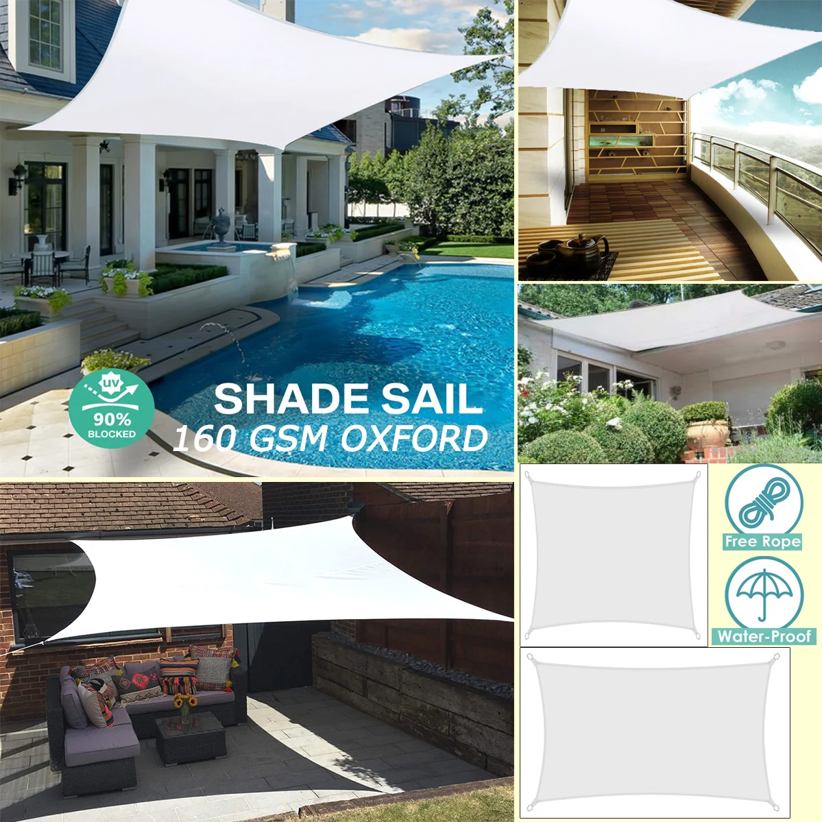 

White 300D Waterproof Polyester Square Rectangle Shade Sail garden terrace Canopy swimming Sun shade Camping Yard sail awning