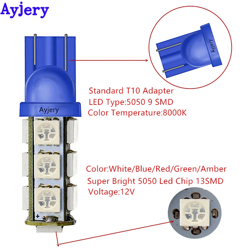 AYJERY 50 шт. 12 В T10 5050 194 168 W5W 13 SMD светодиодный супер яркий светильник лампа для авто