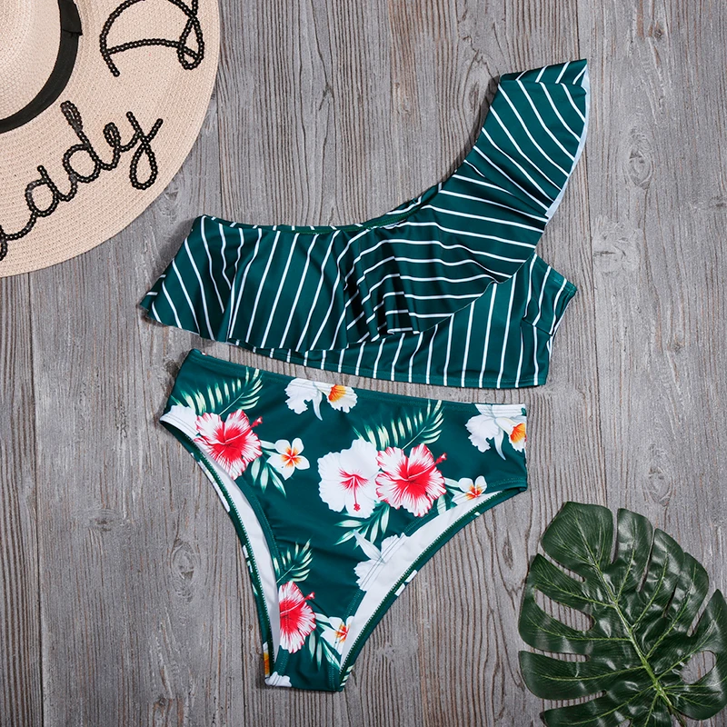 Sexy Solid Striped Bikini Swimwear Women Ruffle Tube Top Swimsuit Floral Print Bikinis Set Low Waist Beachwear Maillot De Bain | Женская