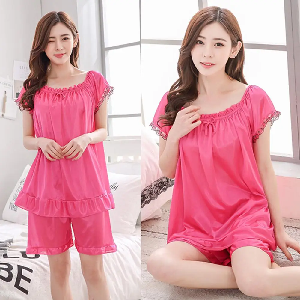 

Hot Selling Women Gentle & Soft Pyjama Set Short Sleeve Top+ Shorts Ladies Summer Ice-Silk Homewear Sleepwear