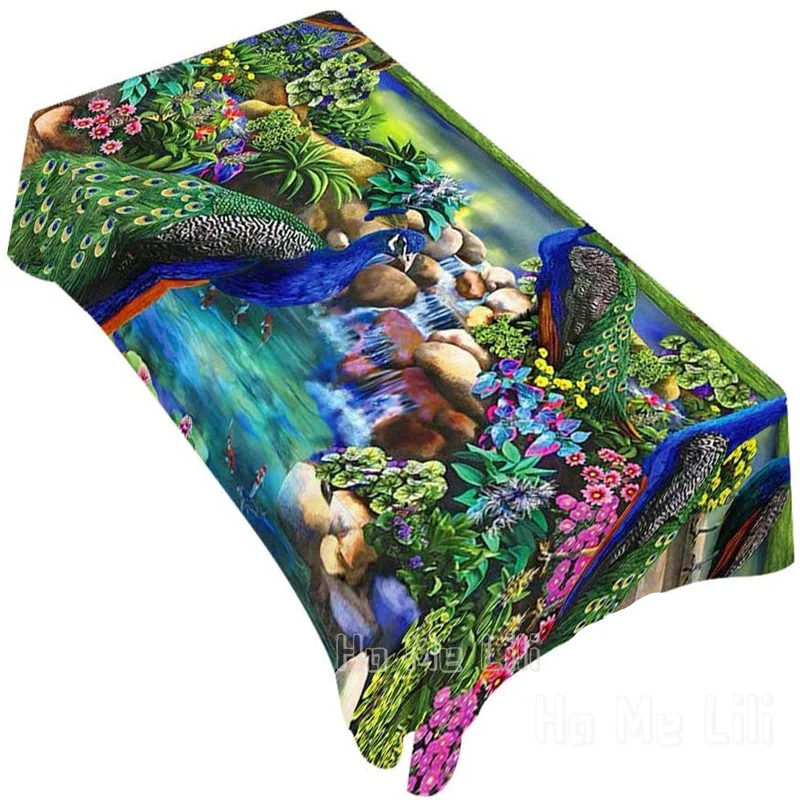 

Decorative Rectangle By Ho Me Lili Table Cloths Colorful Peacock River Art Painting For Dining Bbq Picnic Coffee
