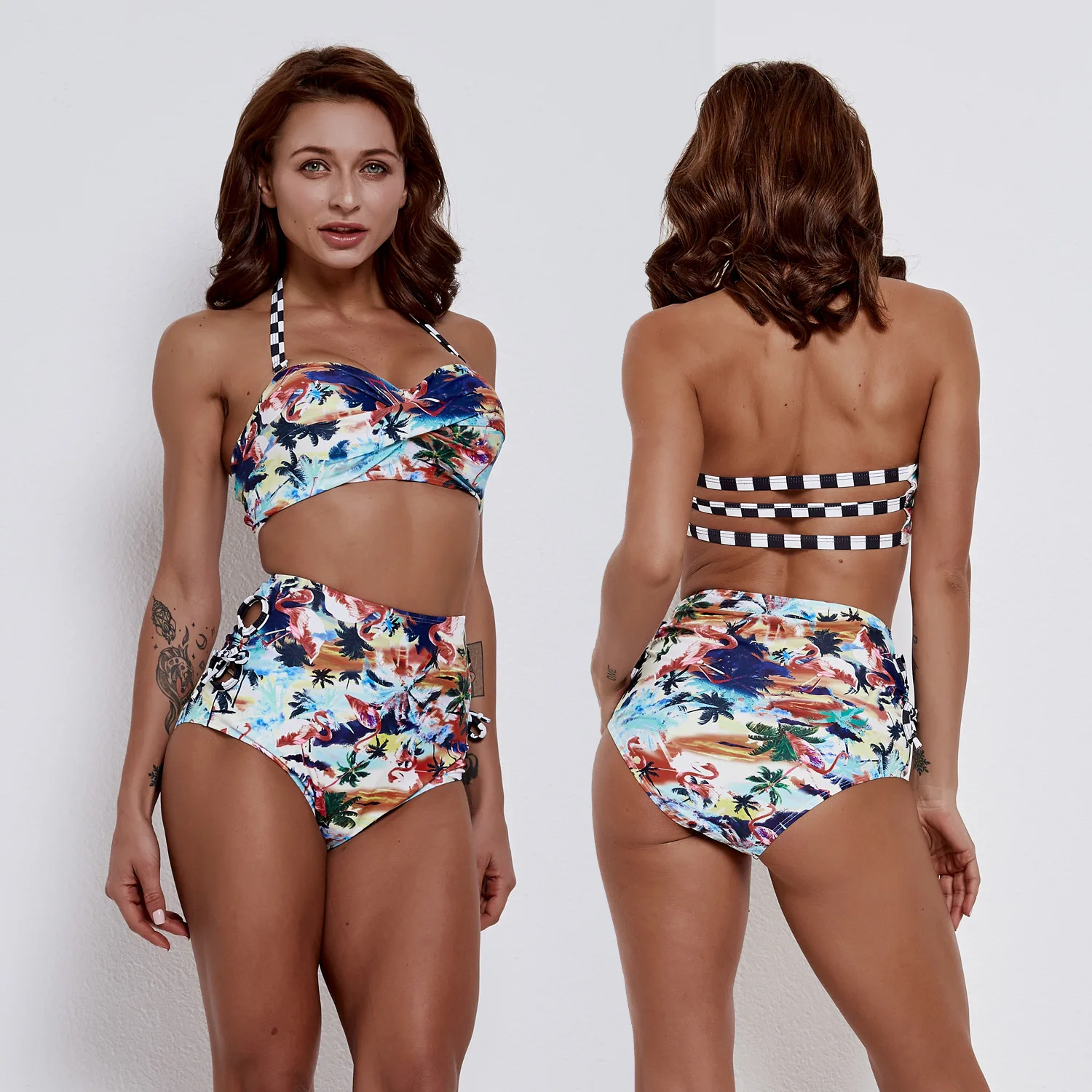 Бикини женский сексуальный раздельный с принтом пляжный купальник высокой