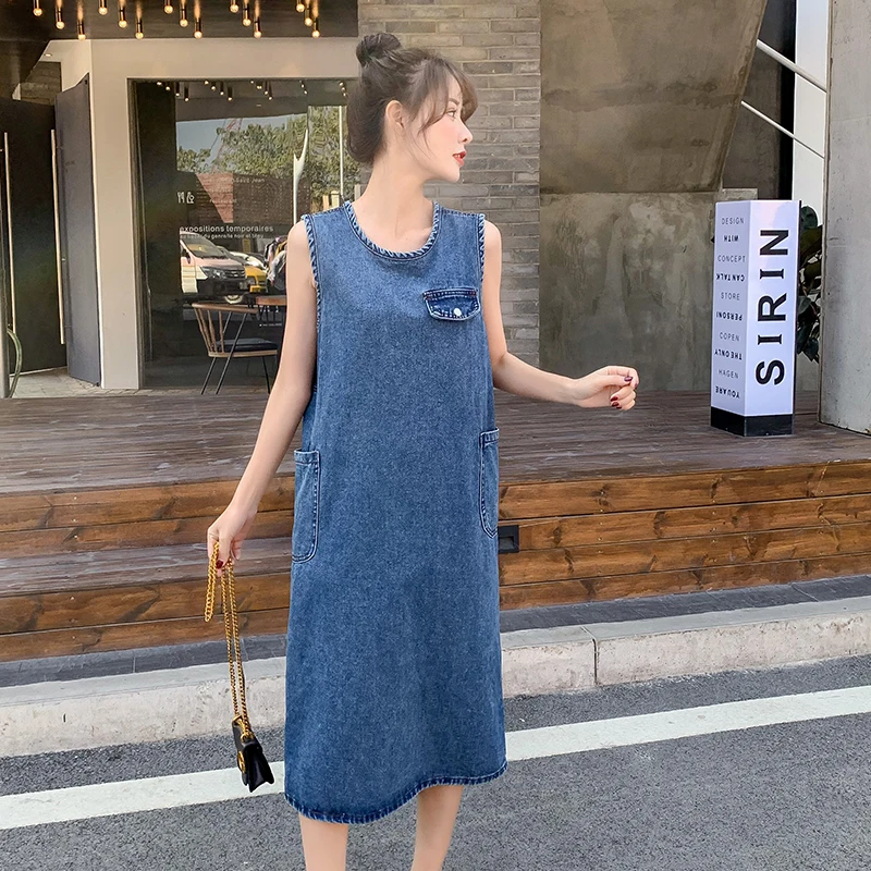 New Summer Style Women Dresses Rentro Casual Loose O-Neck Sleeveless Solid Cute Jeans Vest Dress For Female Denim One-Piece | Женская