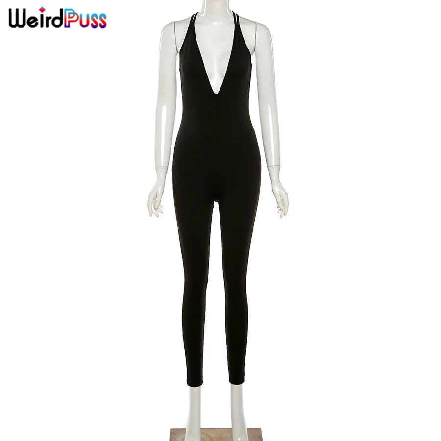 

Weird Puss Deep v Cross Backless Jumpsuits Women Sexy Party Overalls Skinny Sleeveless Activewear Fitness Workout Club Outfits