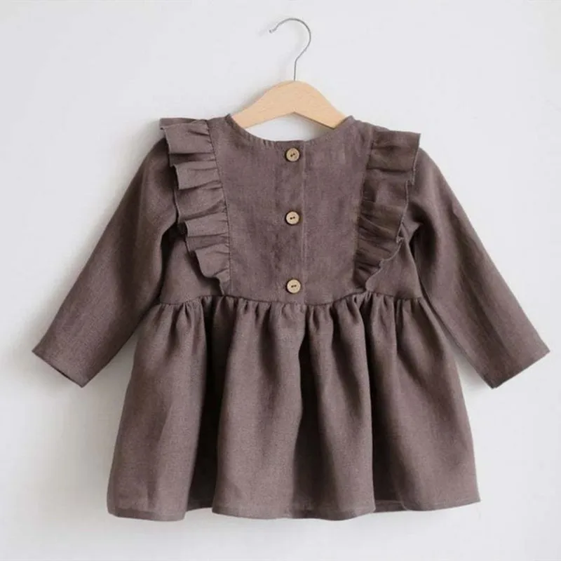 

Baby Girl Dress Toddler Long Sleeve Linen Dress Ruffles Solid Cotton Newborn Frocks Kids Casual Clothes Korean Children Clothing