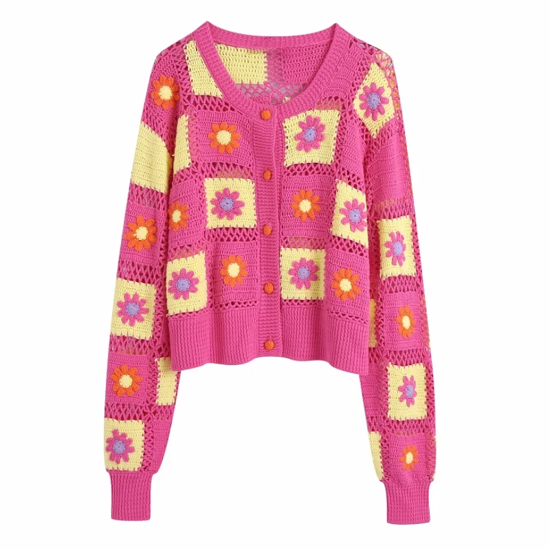 

Лидер продаж, Женский вязаный крючком короткий свитер с цветочным узором, Женский пуловер с длинным рукавом, повседневные женские топы своб...