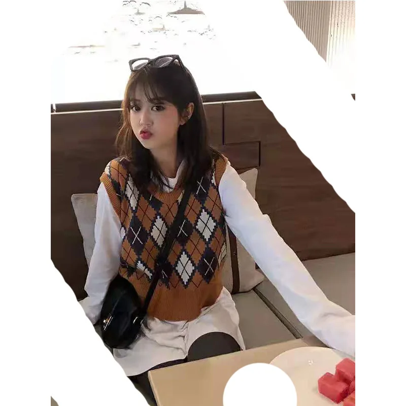 

Knitted Argyle Sweaters Vest Women Fashion 2021 Korean Harajuku College Style Pullover Autumn Winter Woman Sleeveless Sweaters