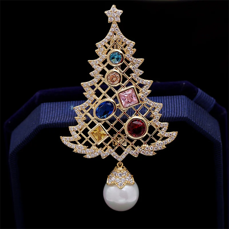 Luxury Man Christmas Tree Brooch Pins +AAA CZ Pearls Charms Pendant Sparkling Brooches Jewelry for Women Girl Male Wedding Gift | Украшения