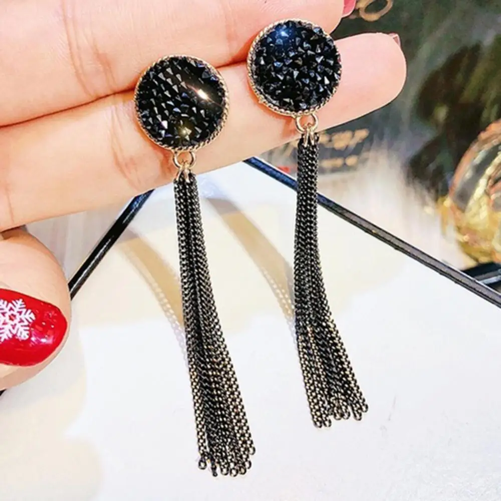 

Fashion Women Rhinestone Inlaid Round Tassel Long Dangle Stud Earrings Jewelry
