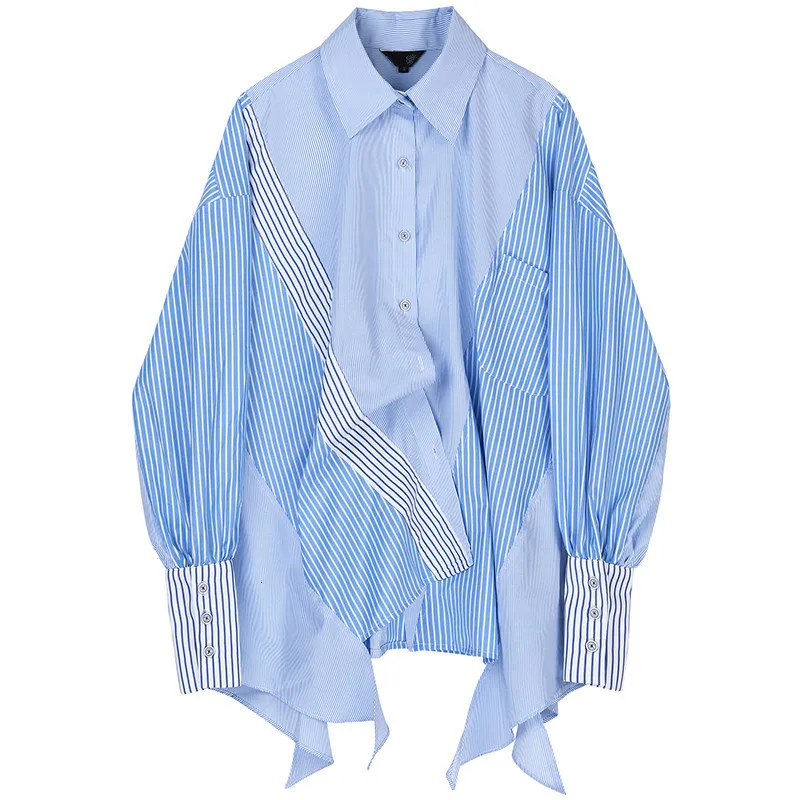 

Women Striped Spliced Big Size Asymmetrical Blouse New Lapel Long Sleeve Loose Fit Shirt Fashion Spring Autumn 2021