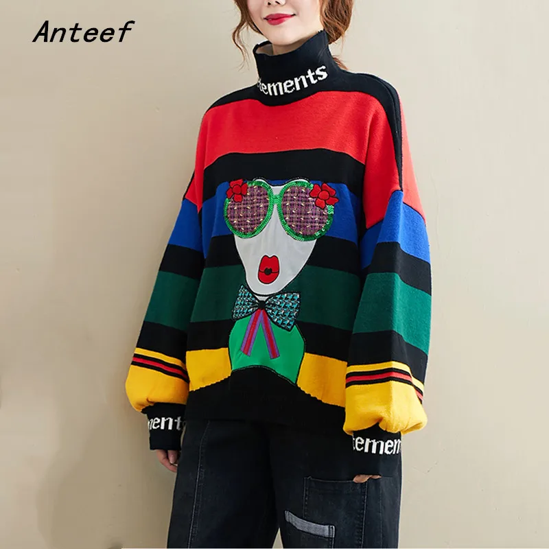 

korean fashion long sleeve knitted turtleneck tops causal loose autumn winter pullover sweater clothes women sweaters 2021