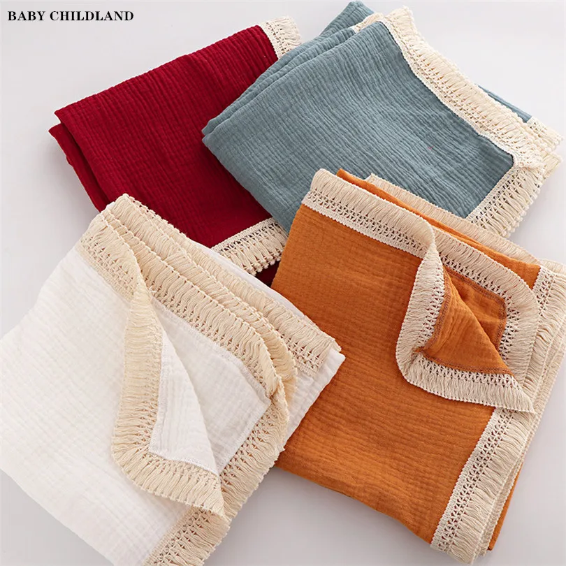 

Муслиновое одеяло для новорожденных, пеленка, одеяло с кисточками, реквизит для фотосъемки детей, для детской коляски, детской кроватки, бан...