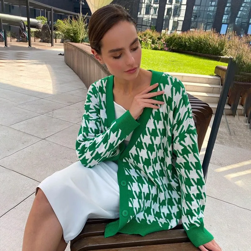 

Forefair Houndstooth Knitted Oversized Cardigan Women Sweater Jumper 2021 Autumn Winter Casual Long Sleeve Famale Coats