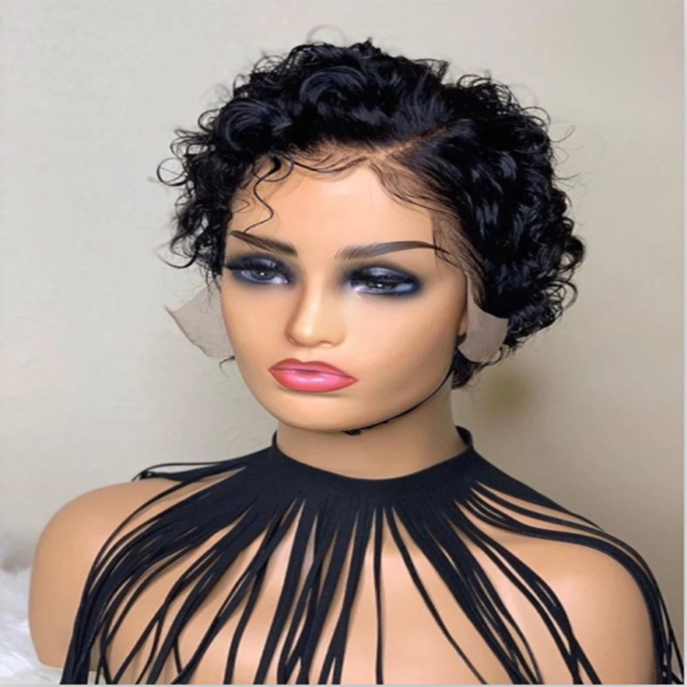 Pixie Cut Wig Human Hair Short Curly Wigs Lace Front Wig Lace Closure Wig 13X1 Pre Plucked With Baby Hair Natural Black