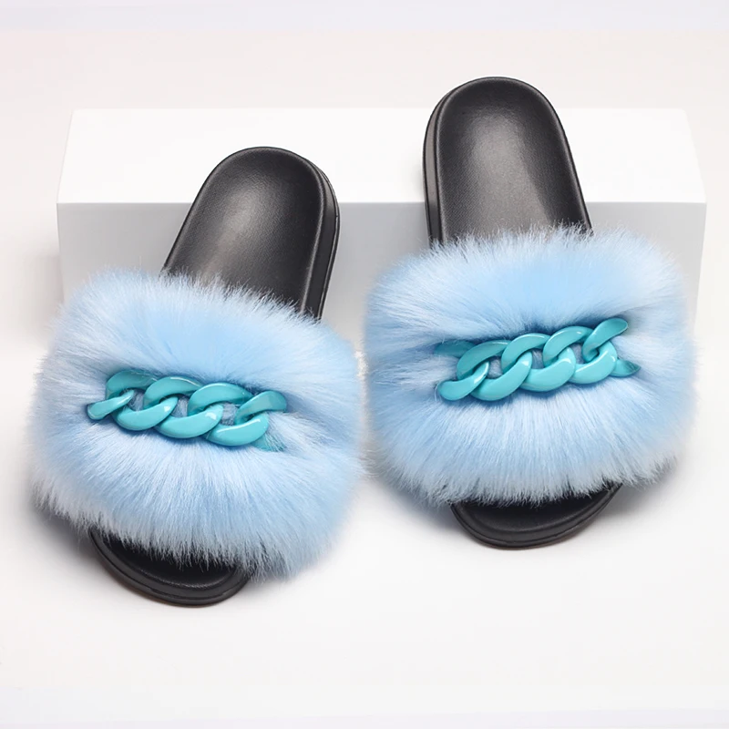 Women Faux Fox Sandals Designer Chain Furry Fur Slippers Fluffy Flip Flops Summer Beach Plush Raccoon Fur Slides Cozy Home Shoes