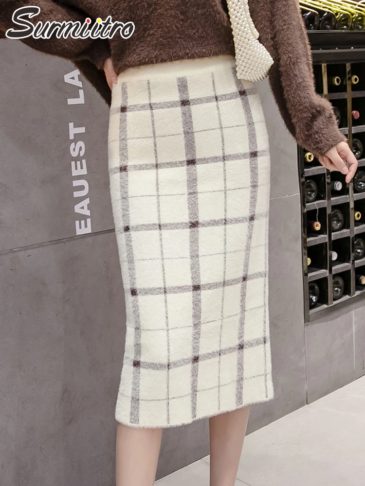 

SURMIITRO 2021, осенне-зимняя вязаная юбка средней длины из искусственной норки, Женская юбка-карандаш средней длины в Корейском стиле белого и че...