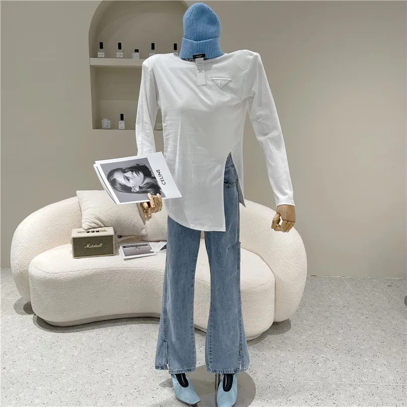 

Women's Spring Summer 2021 Niche Design Fashion Show Thin Show High Retro Wash Water Hole Wide Leg Split Long Jeans