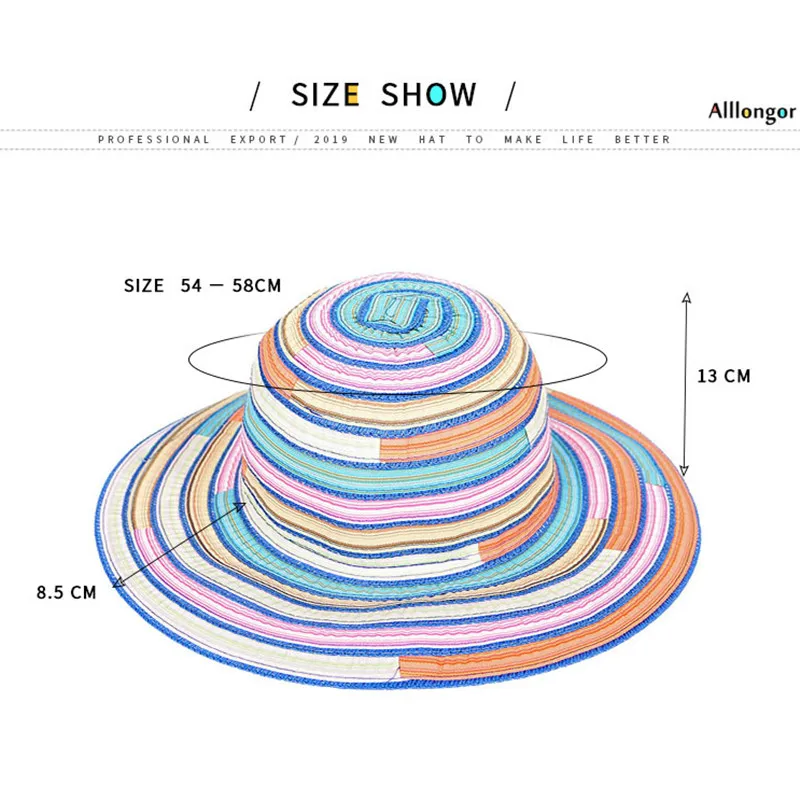 

Sun hat women's cotton hat summer striped stitching hat outdoor foldable idyllic holiday beach big brim hat