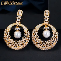cwwzircons luxury hollow flower dangling pearl dubai 18k gold plated cubic zirconia long wedding earrings for brides party cz630