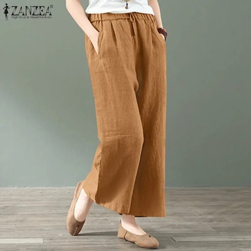 

ZANZEA Women Casual Elastic Waist Pant Femme Overalls Wide Leg Trouser Oversize 2021 Autumn Stylish Palazzo Cotton Work Pantalon