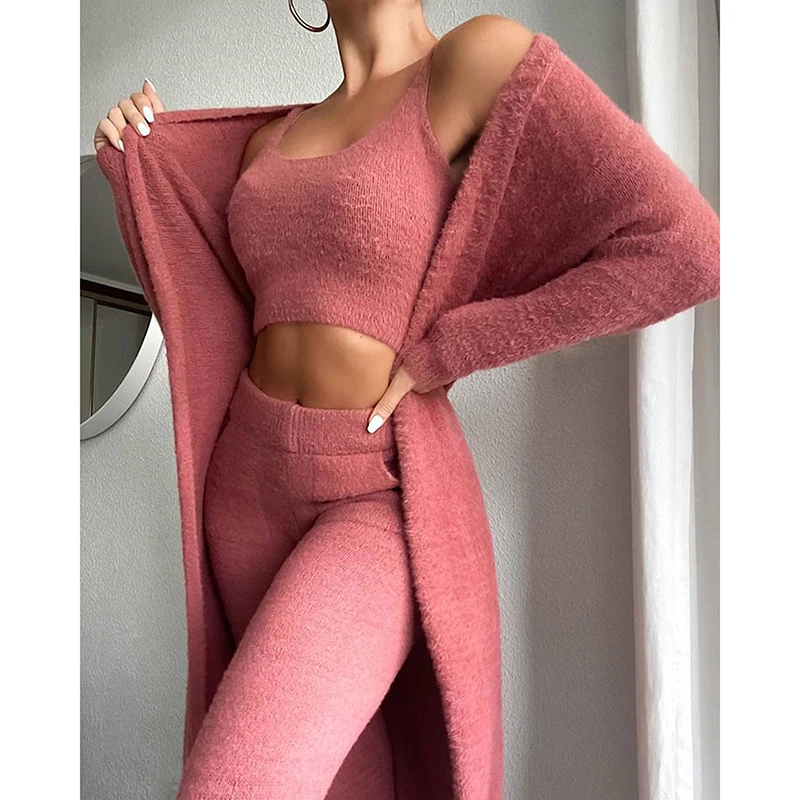 

Ladies Autumn Winter Soft Fluffy Three Piece Sets Sexy Off Shoulder Crop Tops and Long Pants Homesuit Casual 3 Piece Suit
