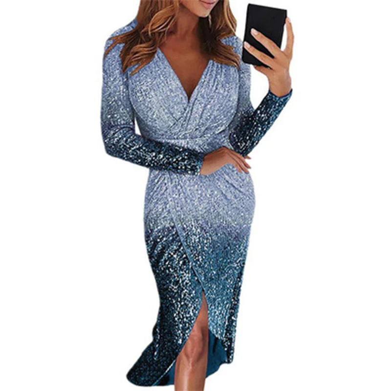 

2021 spring summer hot sale long-sleeved gradient color irregular printing V-neck pullover dress for women