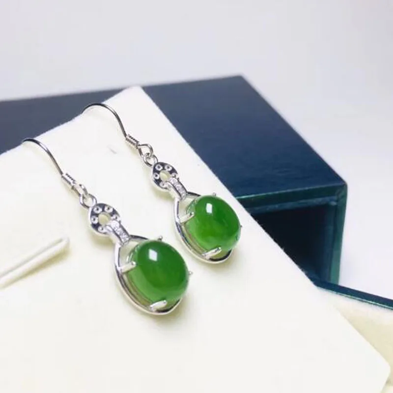 Женские серьги-подвески из серебра 925 пробы с зеленым нефритом | Украшения и