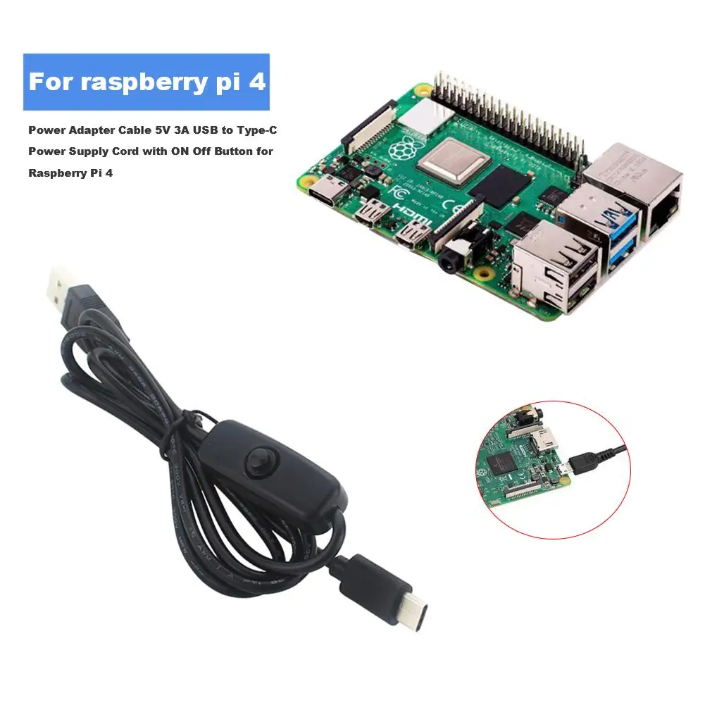 Кабель адаптера питания для Raspberry Pi 4 5 В 3 А шнур Type-C с кнопками ВКЛ./ВЫКЛ.
