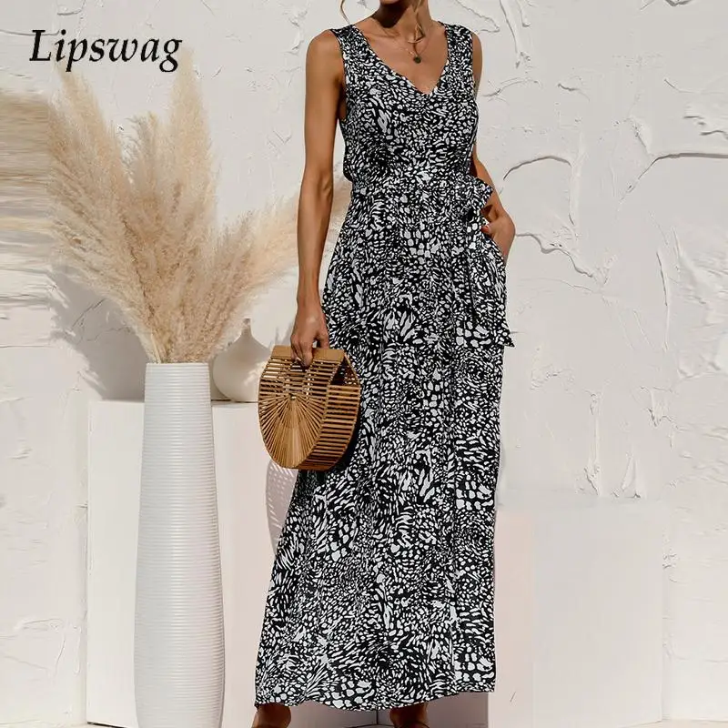 

Elegant Women V-Neck Tie Up Elastic Waist Dress Sexy Sling Sleeveless Beach Party Dresses Ladies Chic Sexy Summer Solid Vestidos