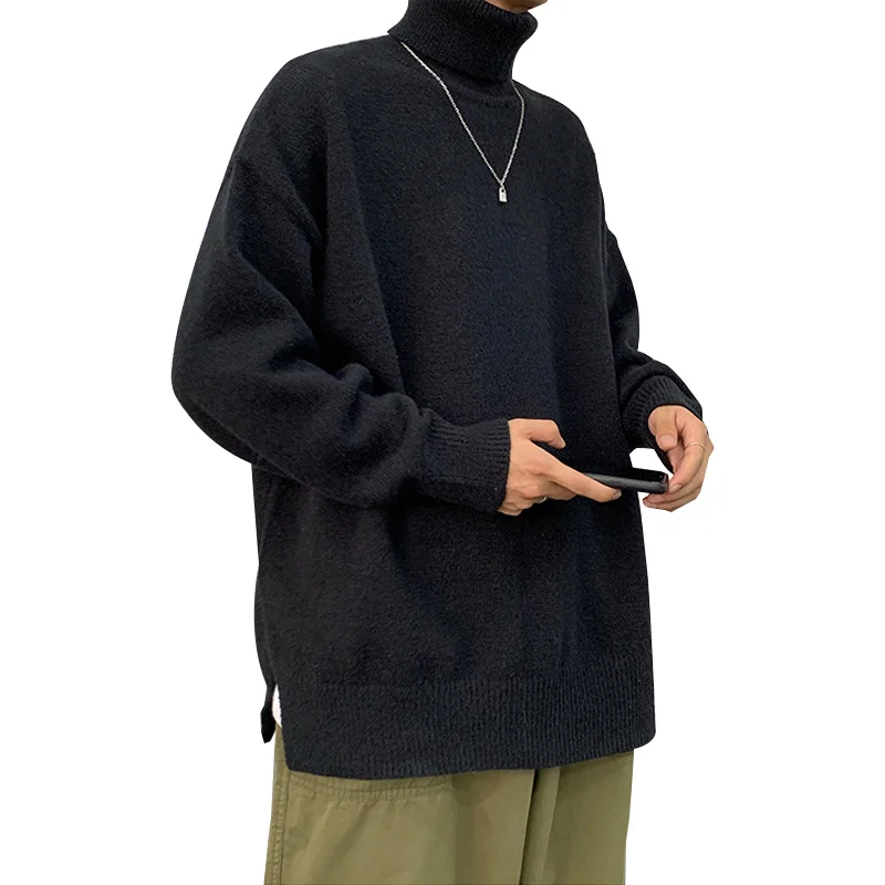 

High collar sweater men's autumn and winter relaxed languid Hong Kong style solid color T-shirt ins Korean fashion Pullover