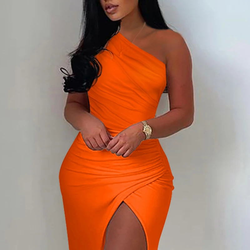 Женское платье-макси на одно плечо с высоким разрезом | Женская одежда