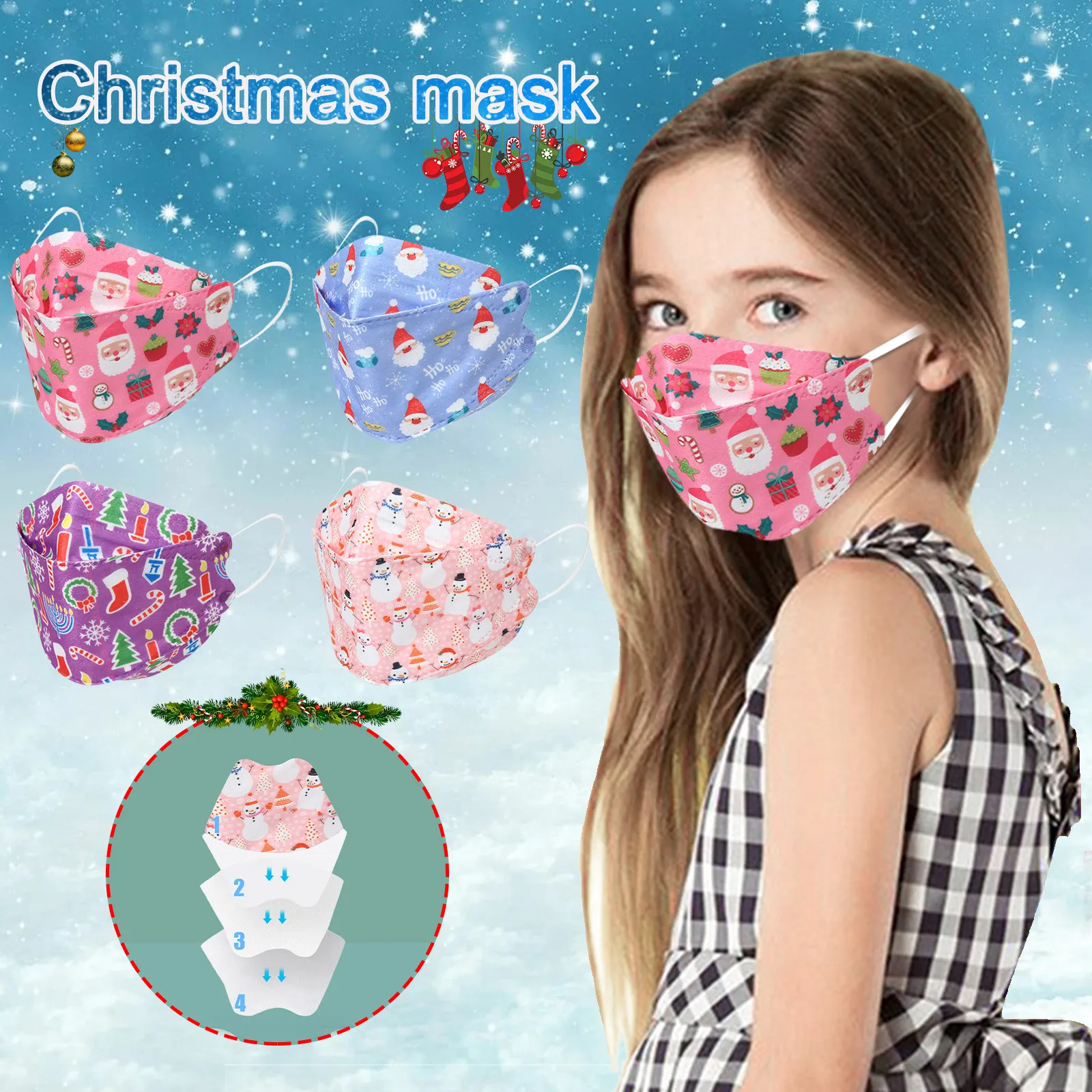 

40PC Christmas Disposable Face Mask Kids MaskCartoon Print 4Ply Ear Loop Masks Boy Girl Dustproof Filter Pm2.5 Earloop Bandage