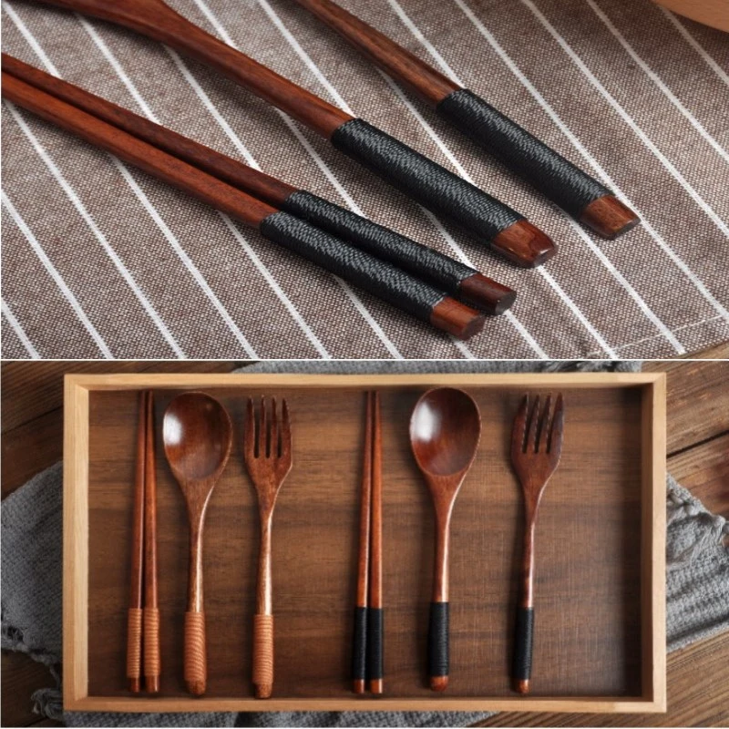 Korean Wooden Tableware Fork Spoon Chopsticks 3-piece Set Solid Wood Long Handle Portable | Дом и сад