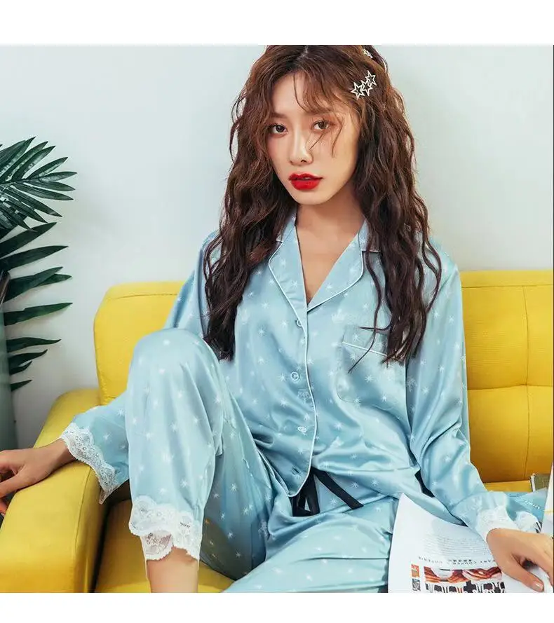 Новинка женская одежда для сна осенне-зимние пижамы с длинным рукавом шелковая