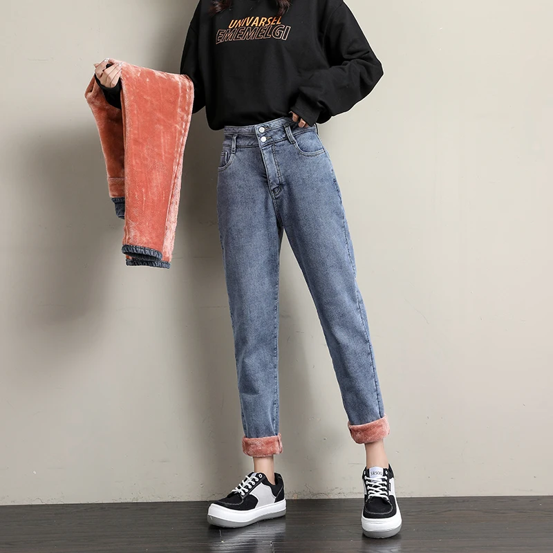

Stretch Jeans Plus Size Denim Harem Pants Vintgae Blue Jeans Trousers Autumn Winter Thicken Velvet High Waist Women