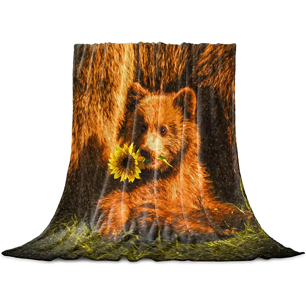 

Милый домашний флисовый плед, полноразмерный, картина маслом, Забавный медведь, укусывающий Цветущий Подсолнух, легкое фланелевое одеяло s