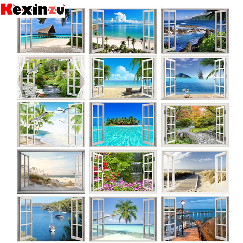 

Kexinzu 5D алмазная живопись, окно, пейзаж, полная вышивка квадратными/круглыми стразами, вышивка крестиком, Алмазная мозаика, рождественский подарок